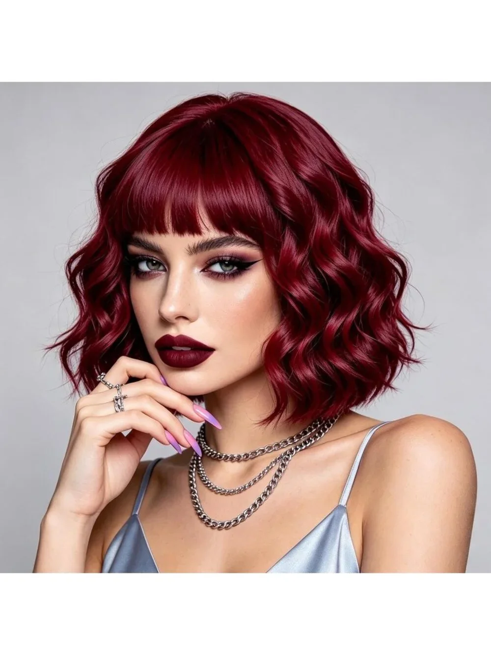 Women's Wine Red 14 Inch Heat Resistant Short Bangs Bob Modern Wavy Wigs